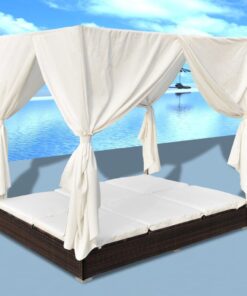 vidaXL Outdoor Lounge Bed with Curtains Poly Rattan Brown