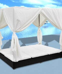 vidaXL Outdoor Lounge Bed with Curtains Poly Rattan Black