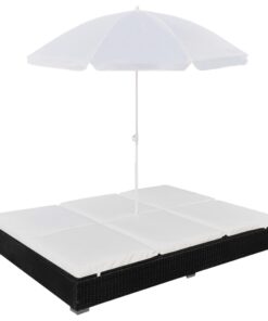 vidaXL Outdoor Lounge Bed with Umbrella Poly Rattan Black