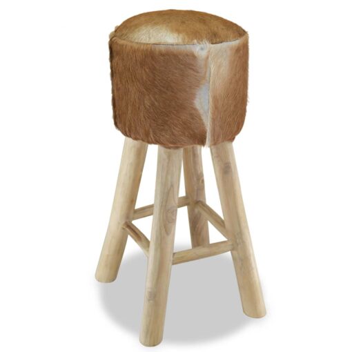 vidaXL Bar Stool Real Leather and Solid Teak Wood - Image 3