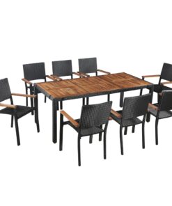 vidaXL 9 Piece Outdoor Dining Set Poly Rattan and Acacia Wood Black