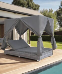 vidaXL Outdoor Lounge Bed with Curtains Poly Rattan Grey