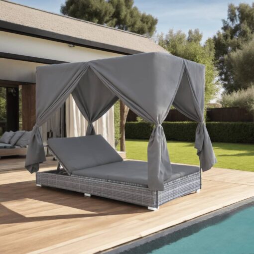 vidaXL Outdoor Lounge Bed with Curtains Poly Rattan Grey