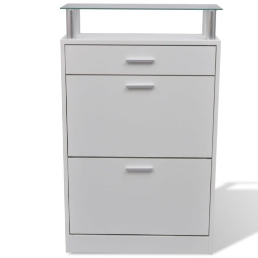vidaXL Shoe Cabinet with a Drawer and a Top Glass Shelf Wood White - Image 2