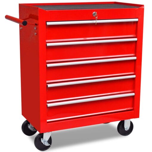 vidaXL Workshop Tool Trolley 5 Drawers Red - Image 2