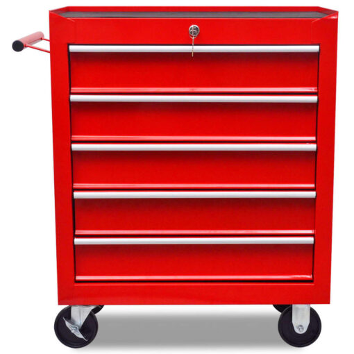 vidaXL Workshop Tool Trolley 5 Drawers Red - Image 3