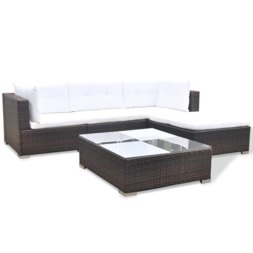5 Piece Garden Lounge Set with Cushions Poly Rattan Brown - Image 2