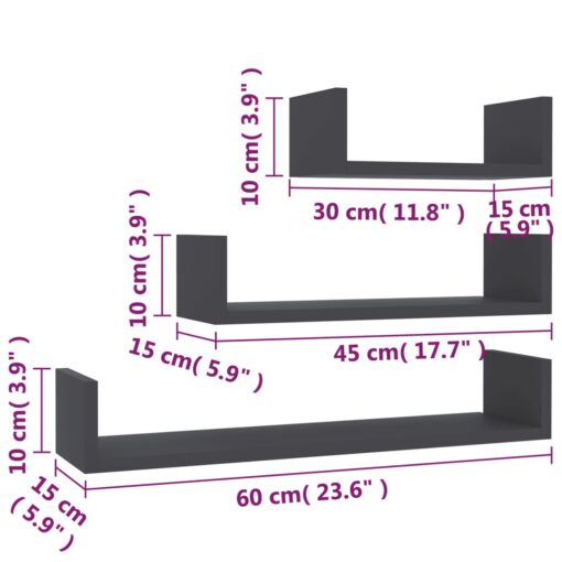 vidaXL Wall Display Shelf 3 pcs Grey Engineered Wood - Image 4