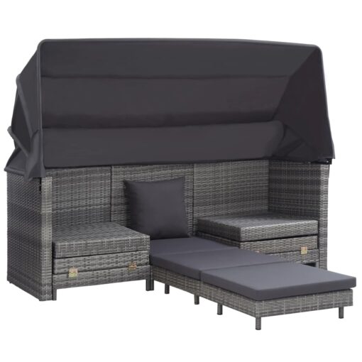 Extendable 3-Seater Sofa Bed with Roof Poly Rattan Grey - Image 2