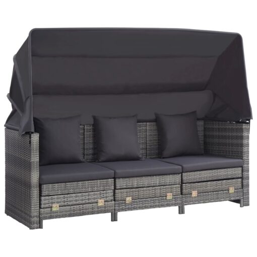 Extendable 3-Seater Sofa Bed with Roof Poly Rattan Grey - Image 3