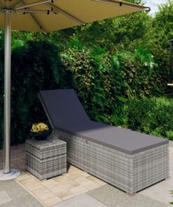 vidaXL Sun Lounger with Cushion and Tea Table Poly Rattan Grey