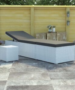 vidaXL Sun Lounger with Cushion and Tea Table Poly Rattan White