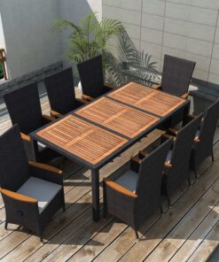 vidaXL 9 Piece Outdoor Dining Set Poly Rattan Acacia Wood Black