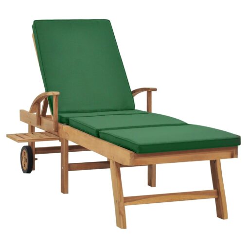 Sun Lounger with Cushion Solid Teak Wood Green - Image 2