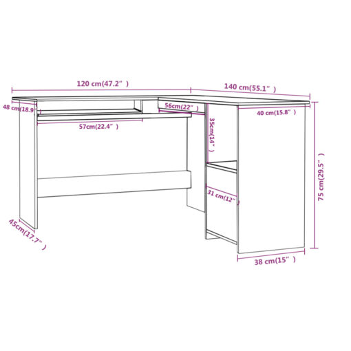 vidaXL L-Shaped Corner Desk White 120x140x75 cm Engineered Wood - Image 4