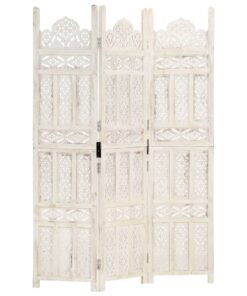 vidaXL Hand carved 3-Panel Room Divider White 120x165 cm Solid Mango Wood