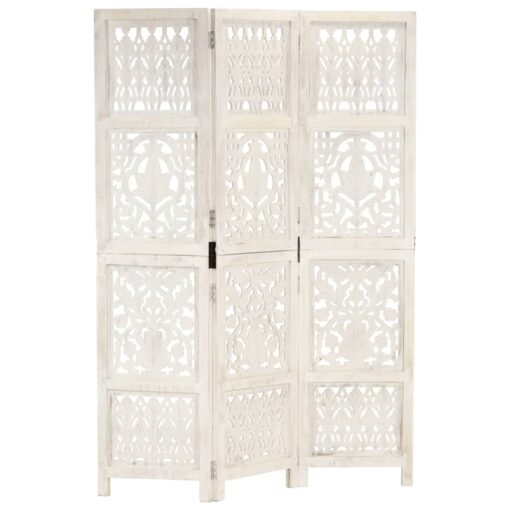 vidaXL Hand carved 3-Panel Room Divider White 120x165 cm Solid Mango Wood