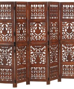 vidaXL Hand Carved 5-Panel Room Divider Brown 200x165 cm Solid Mango Wood