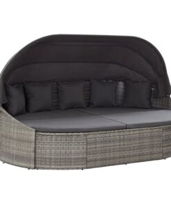 vidaXL Outdoor Lounge Bed with Canopy Poly Rattan Grey