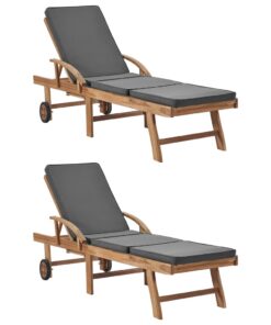 vidaXL Sun Loungers with Cushions 2 pcs Solid Teak Wood Dark Grey