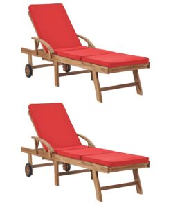 vidaXL Sun Loungers with Cushions 2 pcs Solid Teak Wood Red