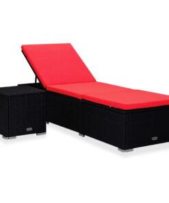 vidaXL Sun Lounger with Cushion and Tea Table Poly Rattan Red