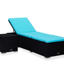 vidaXL Sun Lounger with Cushion and Tea Table Poly Rattan Blue