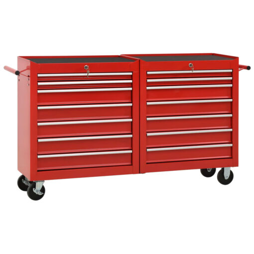 vidaXL Tool Trolley with 14 Drawers Steel Red