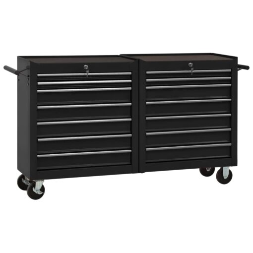 vidaXL Tool Trolley with 14 Drawers Steel Black (147185+147186)
