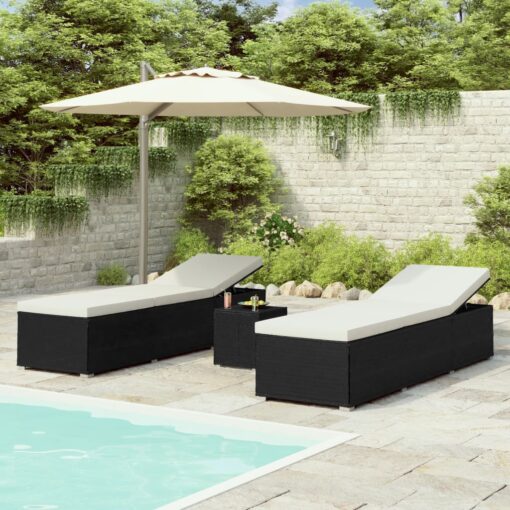 vidaXL 3 Piece Garden Sun Loungers with Tea Table Poly Rattan Black