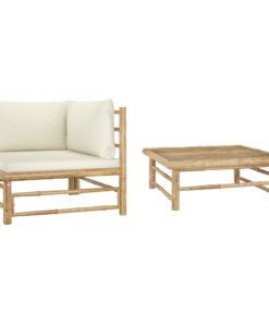 vidaXL 2 Piece Garden Lounge Set with Cream White Cushions Bamboo