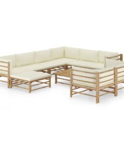 vidaXL 10 Piece Garden Lounge Set with Cream White Cushions Bamboo