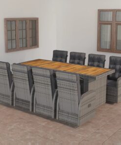 vidaXL 9 Piece Outdoor Dining Set with Cushions Poly Rattan Grey