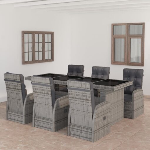 vidaXL 7 Piece Outdoor Dining Set with Cushions Poly Rattan Grey