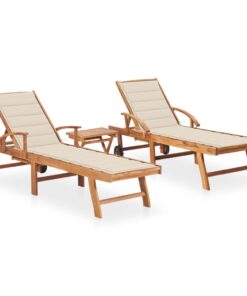 vidaXL Sun Loungers 2 pcs with Table and Cushion Solid Teak Wood