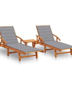 vidaXL Sun Loungers 2 pcs with Table and Cushions Solid Acacia Wood