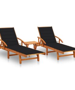 vidaXL Sun Loungers 2 pcs with Table and Cushions Solid Acacia Wood