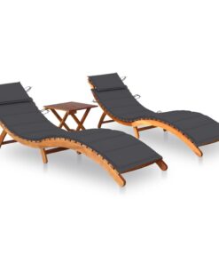 vidaXL Sun Loungers 2 pcs with Table and Cushions Solid Acacia Wood