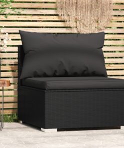 vidaXL Garden Middle Sofa with Cushions Black Poly Rattan