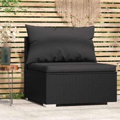 vidaXL Garden Middle Sofa with Cushions Black Poly Rattan