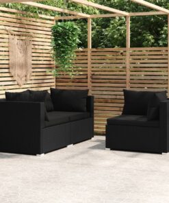 vidaXL 3 Piece Garden Lounge Set with Cushions Black Poly Rattan