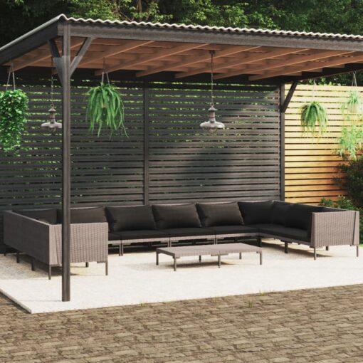 vidaXL 11 Piece Garden Lounge Set with Cushions Poly Rattan Dark Grey