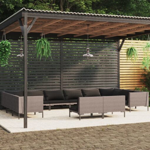 vidaXL 12 Piece Garden Lounge Set with Cushions Poly Rattan Dark Grey