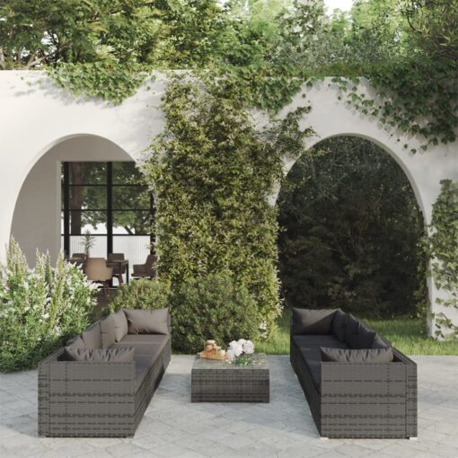 vidaXL 9 Piece Garden Lounge Set with Cushions Poly Rattan Grey