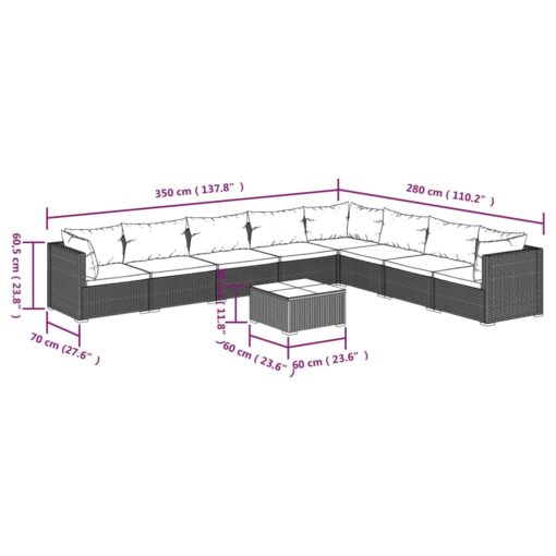 vidaXL 9 Piece Garden Lounge Set with Cushions Poly Rattan Grey - Image 4