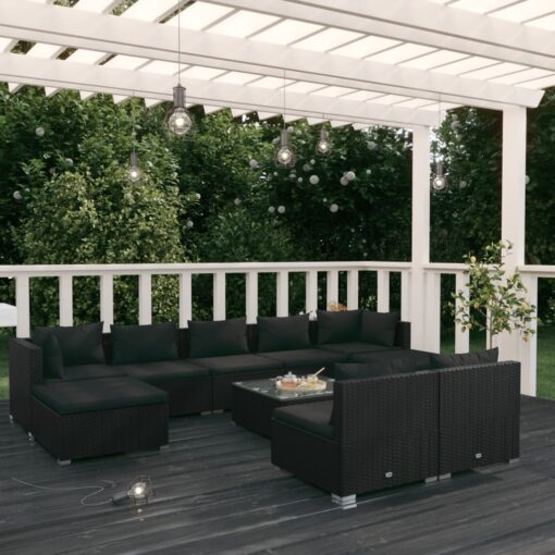 vidaXL 10 Piece Garden Lounge Set with Cushions Black Poly Rattan