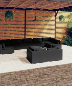 vidaXL 10 Piece Garden Lounge Set with Cushions Black Poly Rattan