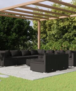 vidaXL 10 Piece Garden Lounge Set with Cushions Black Poly Rattan