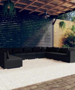 vidaXL 10 Piece Garden Lounge Set with Cushions Black Poly Rattan
