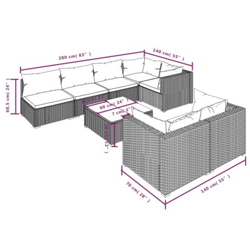 vidaXL 8 Piece Garden Lounge Set with Cushions Grey Poly Rattan - Image 4